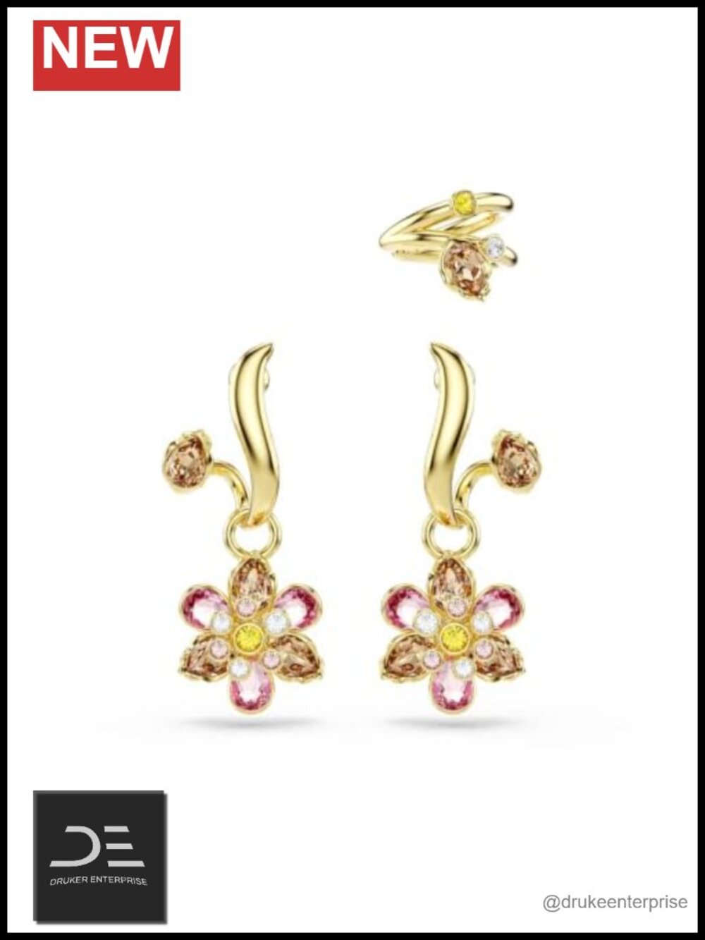 Swarovski Crystal Flower Earrings & Ear Cuff Set Gold-Tone